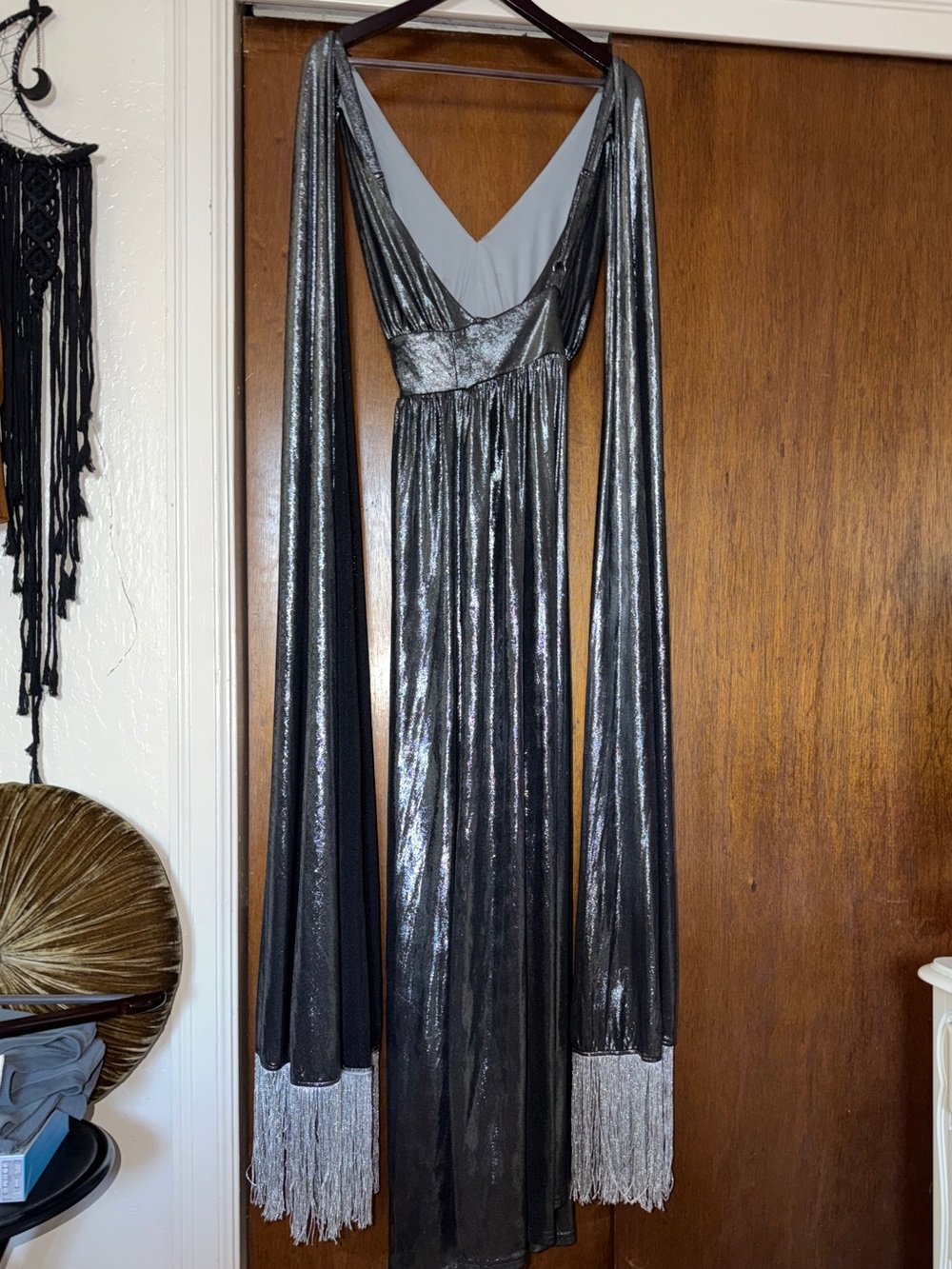 Metallic Silver V-Neck Fringe Sleeve Maxi Dress - Picture 2 of 5